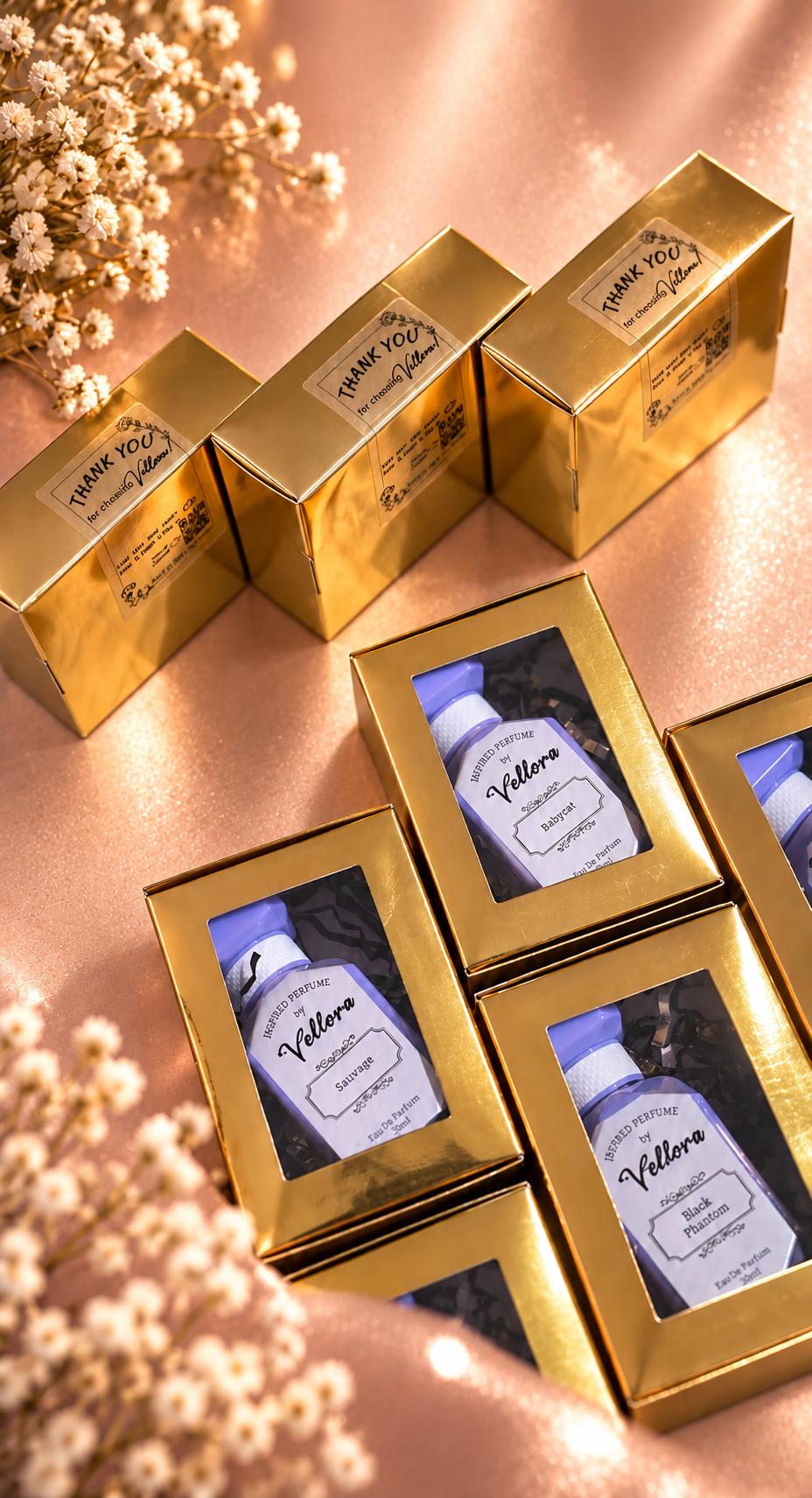 Vellora thank-you gold boxes with perfume bottles